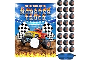 Faccito Monster Truck Birthday Games Pin The Wheels on The Monster Truck Large Poster with 24 Wheel Stickers and Game Blindfold Cars Pin The Wheels Game for Birthday Decorations Trucks Party Supplies