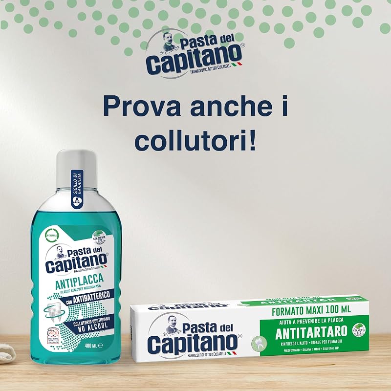 Pasta del Capitano, Dentifricio Antitartaro Bio, Dona Freschezza e Rinfresca l'Alito, Ideale per i Fumatori, Aiuta a Prevenire la Placca, 100% Made in Italy, Tubetto da 100 ml
