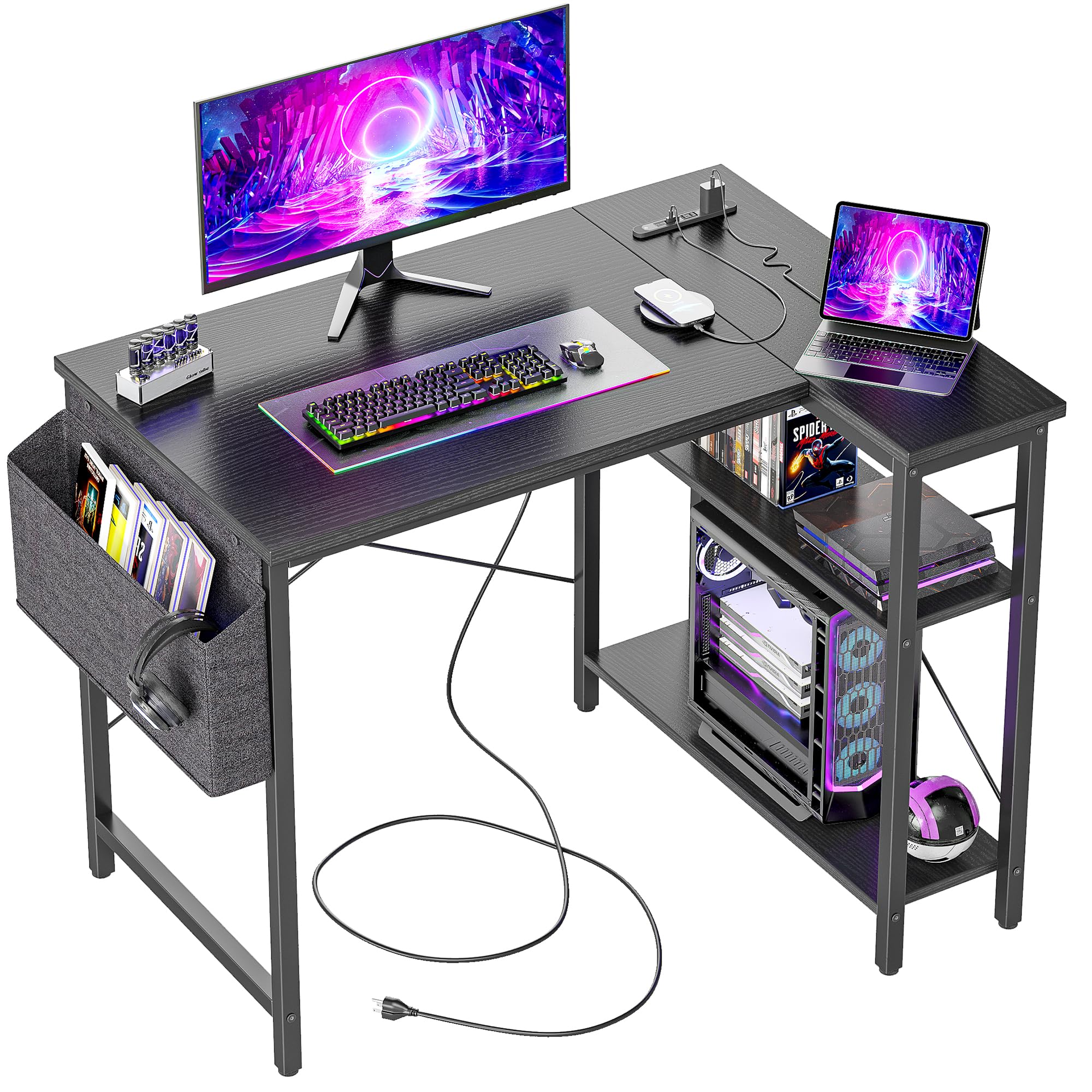 TIQLAB ゲーミングデスク パソコンデスク L字型デスク 幅100x70cm コンセント付き 棚付き コーナーデスク ワークデスク 勉強机 作業机 オフィスデスク 在宅勤務 省スペース ブラック商品画像