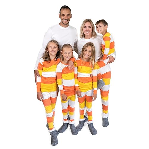 HonestBaby Family Matching Holiday Pajamas Organic Cotton for Men, Women, Kids, Toddlers, Baby Boys, Girls, Unisex Pets, Halloween Bold Stripe Candy Corn, Medium