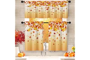 Nesphy Fall Leaves Kitchen Window Curtains Valance and Tier Set 36 Inch, Autumn Orange Maple Leaf 3 Piece Window Treatment Tiers for Living Room Bedroom Kitchen Decor Drapes