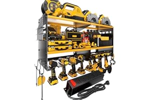 Spampur Power Tool Organizer Wall Mount with Charging Station, 15 Min Assembly & Maximum 420lb load by Heavy Duty Metal, 8 Slots for Cordless Drill, Tool Battery Holder with 6 Outlet Power Strip