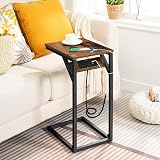 HOOBRO C Shaped Side Table with Charging Station Rustic Brown Black view 2