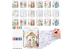 Umigy 16 Set Christmas Color Your Own Mugs for Kids 10 oz Party DIY Coffee Mug Craft for Kids with 12 Color Markers, Animated Design Paper for Xmas Holiday Party Supply (Religious Style)