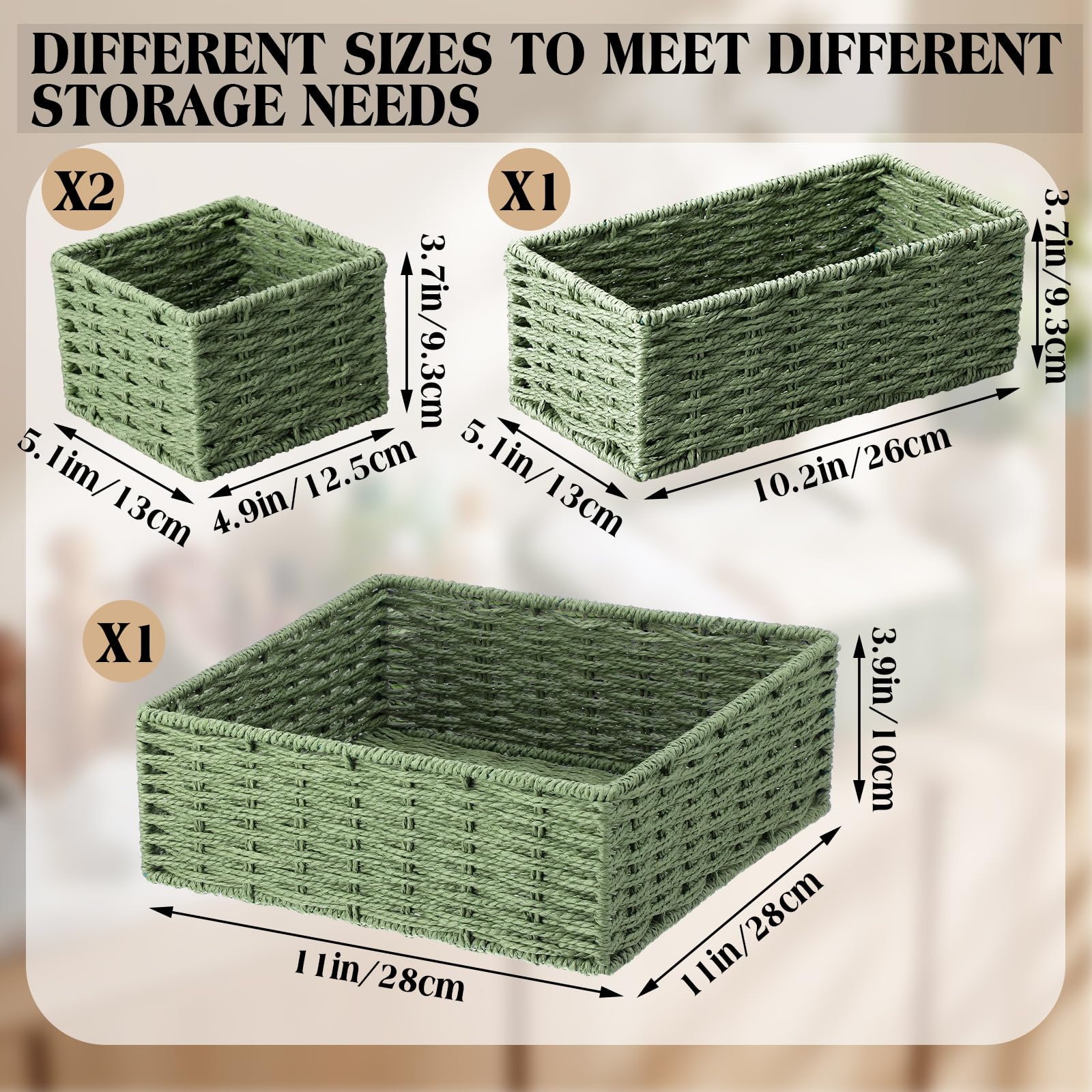 Condition photo showing New/Like New for sage green storage baskets set 4 pack rustic paper rope woven decorative basket for bathroom organizer in 3 size storage bin box basket for toilet shelf countertop bedroom (classic) classic sage green