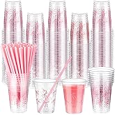 Qinyoung 100 Pcs 12 oz Pink Bow Plastic Cups with Paper Straws for Party Supplies Disposable Coffee Cups Pink Bowknot Drinking for Valentine Mother Baby Shower Birthday Wedding Bridal Party Decor
