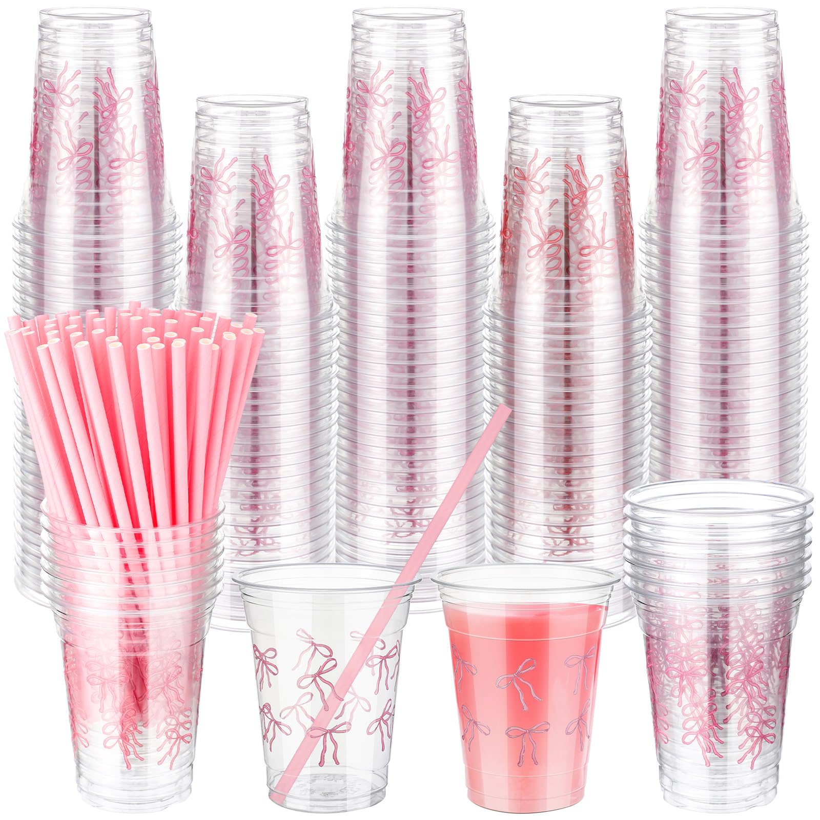 Photo 1 of 100 Pcs 12 oz Pink Bow Plastic Cups with Paper Straws for Party Supplies Disposable Coquette Coffee Cups Pink Bowknot Drinking for Christmas Baby Shower Birthday Wedding Bridal Shower Party Decor