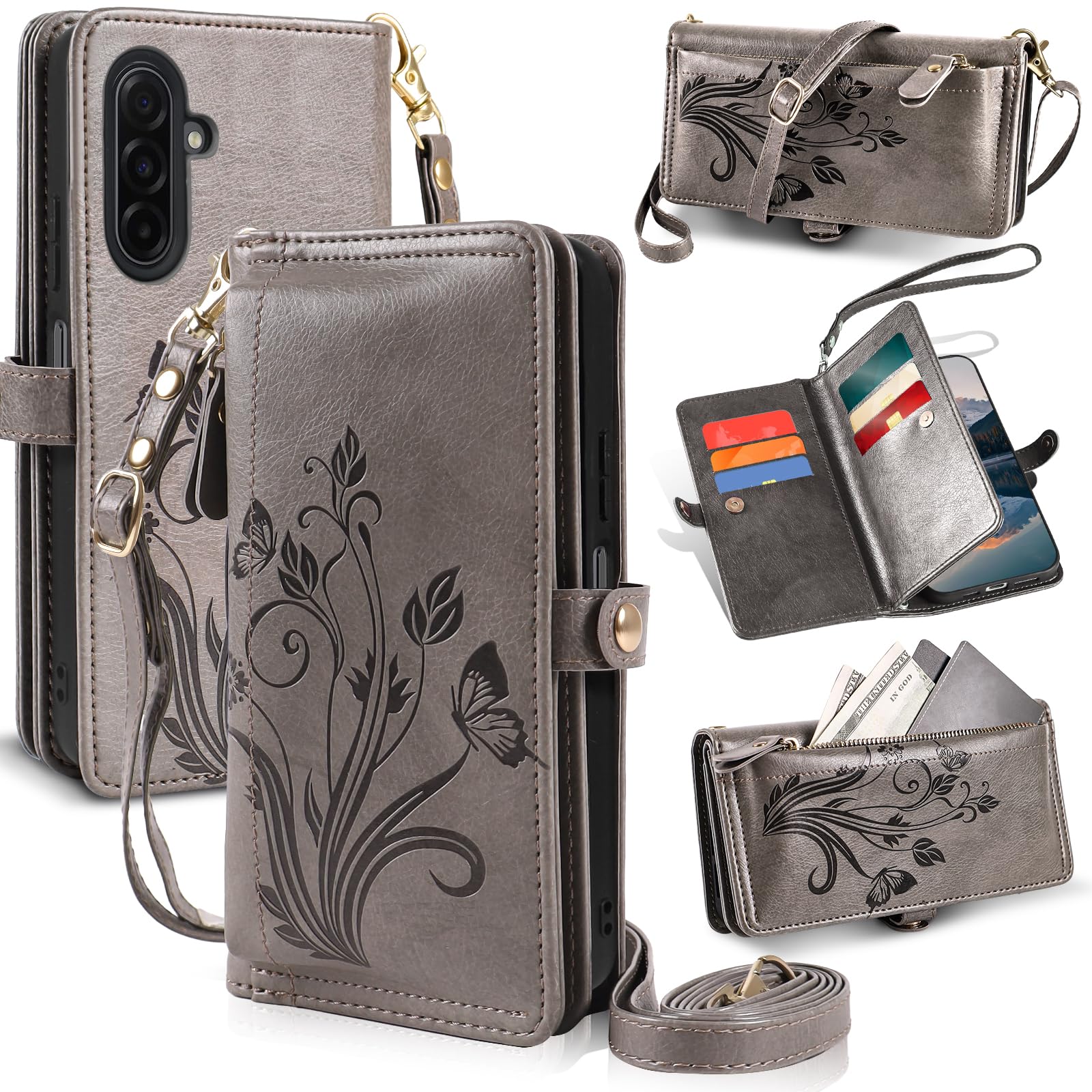 Lacass for Samsung Galaxy A26 / A17 5G Wallet Case,PU Leather Flip Cover,RFID Blocking Card Slots,Zipper,Crossbody Wrist Straps Kickstand (Floral Gray)