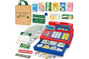 BSTOYDER Calculator Cash Register Toy Gift for Kids Age 3, 4, 5, 6, 7, 8+ Year Old, 120 Pcs Grocery Store Playset with Microphone, Grocery Boxes, Credit Card, Red Play Cash Register for Toddlers Kids 4-8