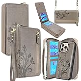 Lacass for iPhone 16 Pro Max 6.9 inch 2024 Wallet Case, Crossbody Dual Zipper Detachable Magnetic Leather Wallet Case Cover Wristlets Wrist Strap 13 Card Slots Money Pocket (Floral Gray)