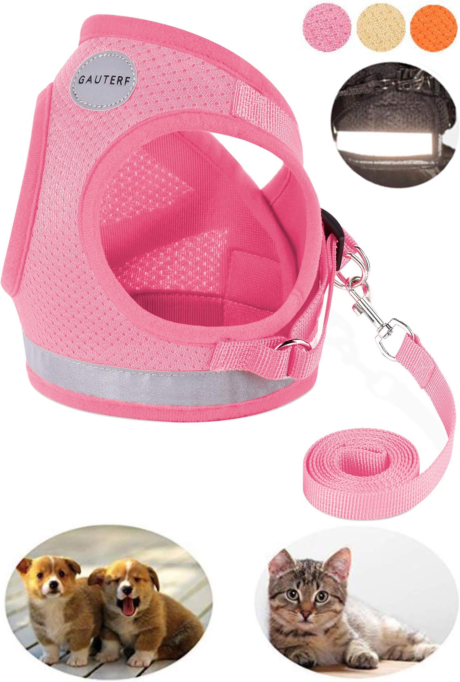 Dog and Cat Universal Harness with Leash Set, Escape Proof Cat Harnesses - Adjustable Reflective Soft Mesh Corduroy Dog Harnesses - Best Pet Supplies (X-Small, Pink)