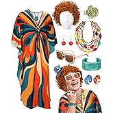 Velmitten Landlady Costume Including Caftan Dress Curly Wig Necklace Earring Sunglasses Rings Hair Clip for Halloween Cosplay