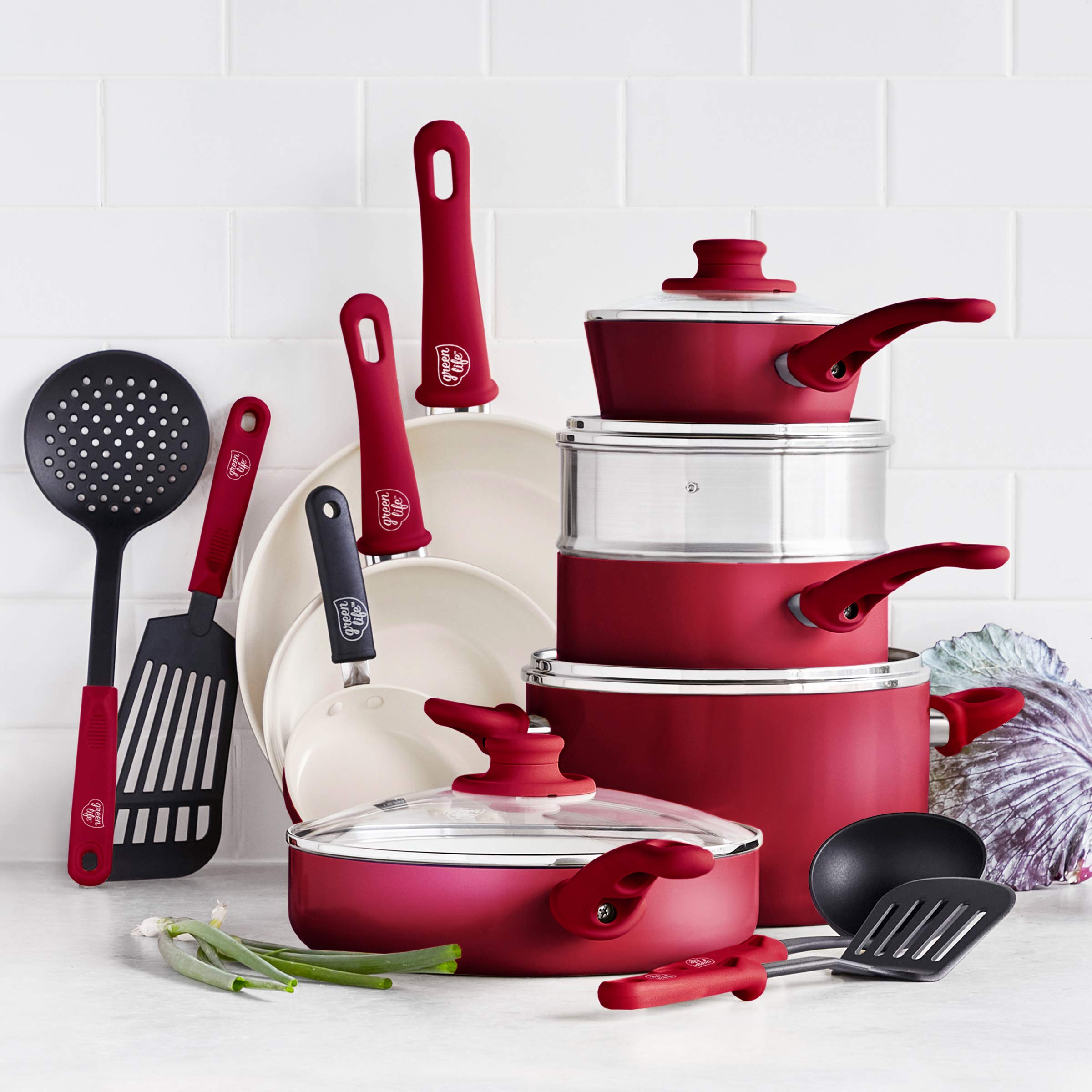 Greenlife 14 Piece Nonstick Ceramic Cookware Set with Soft Grip , burgendy