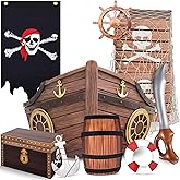 DoubleFill 11 Pcs Pirate Party Decorations Large Pirate Ship | Imitation Pirates Treasure Chest Box, Cardboard Fishing Net, Adventure Ocean Party Favors, Birthday Photo Booth Props