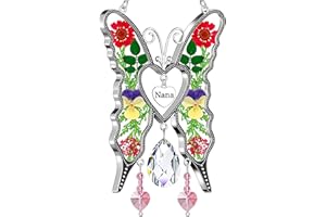 KY&BOSAM Heart Butterfly Suncatchers Nana Stained Glass Panels Crystal for Windows Wind Chime with Pressed Flower Heart Embedded in Glass Nana Gifts- Gifts for Mother`s Day Birthday Christmas
