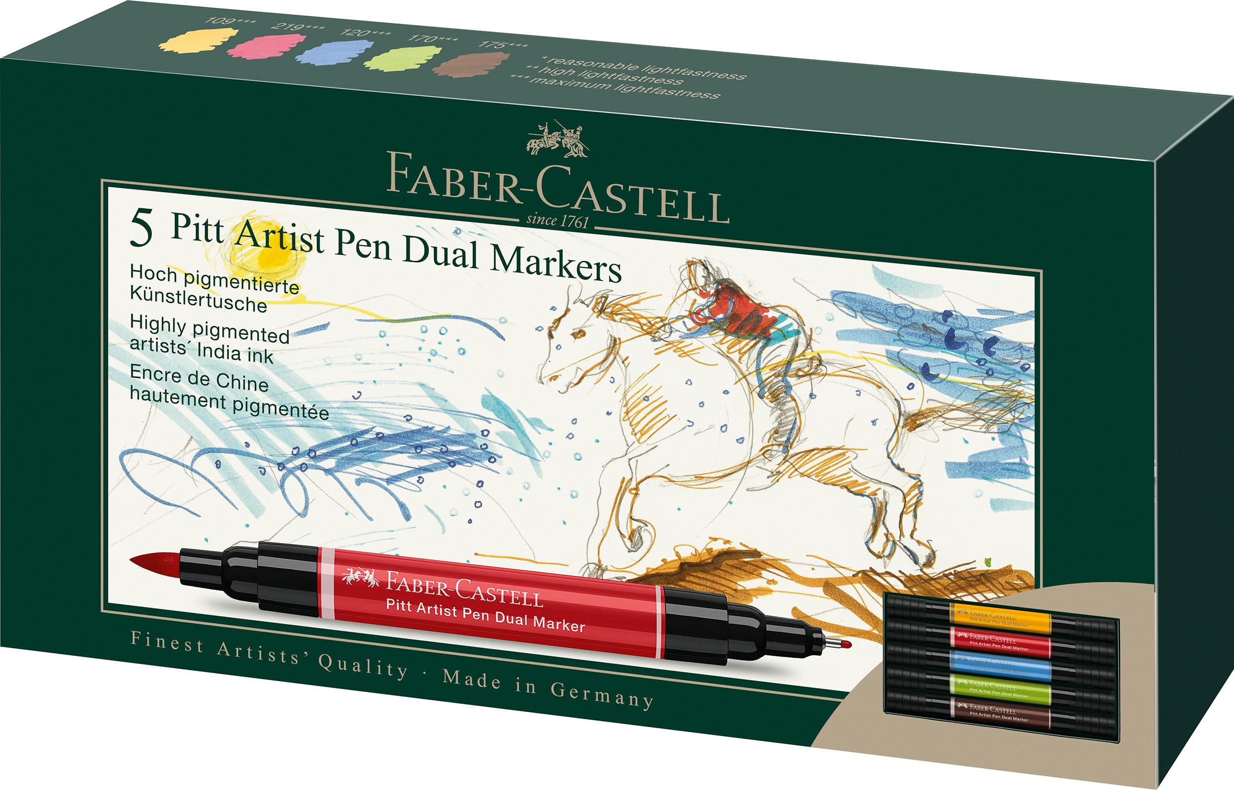 Faber-Castell Art & Graphic Pitt Artist Pen Dual Marker India Ink, Multicoloured, Wallet of 5, Art, Craft, Drawing, Sketching, Home, School, University, Colouring