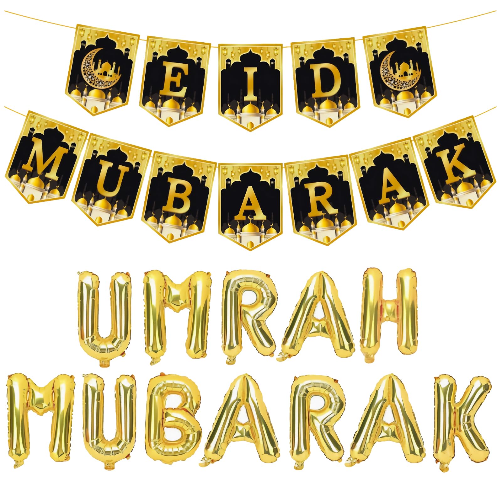 12 Pcs Umrah Mubarak Decoration,Umrah Mubarak,Umrah Mubarak Balloons,Umrah Mubarak Gifts,1 Gold Umrah Mubarak Banner for Ramadan,Muslim, Eid Decoration Party