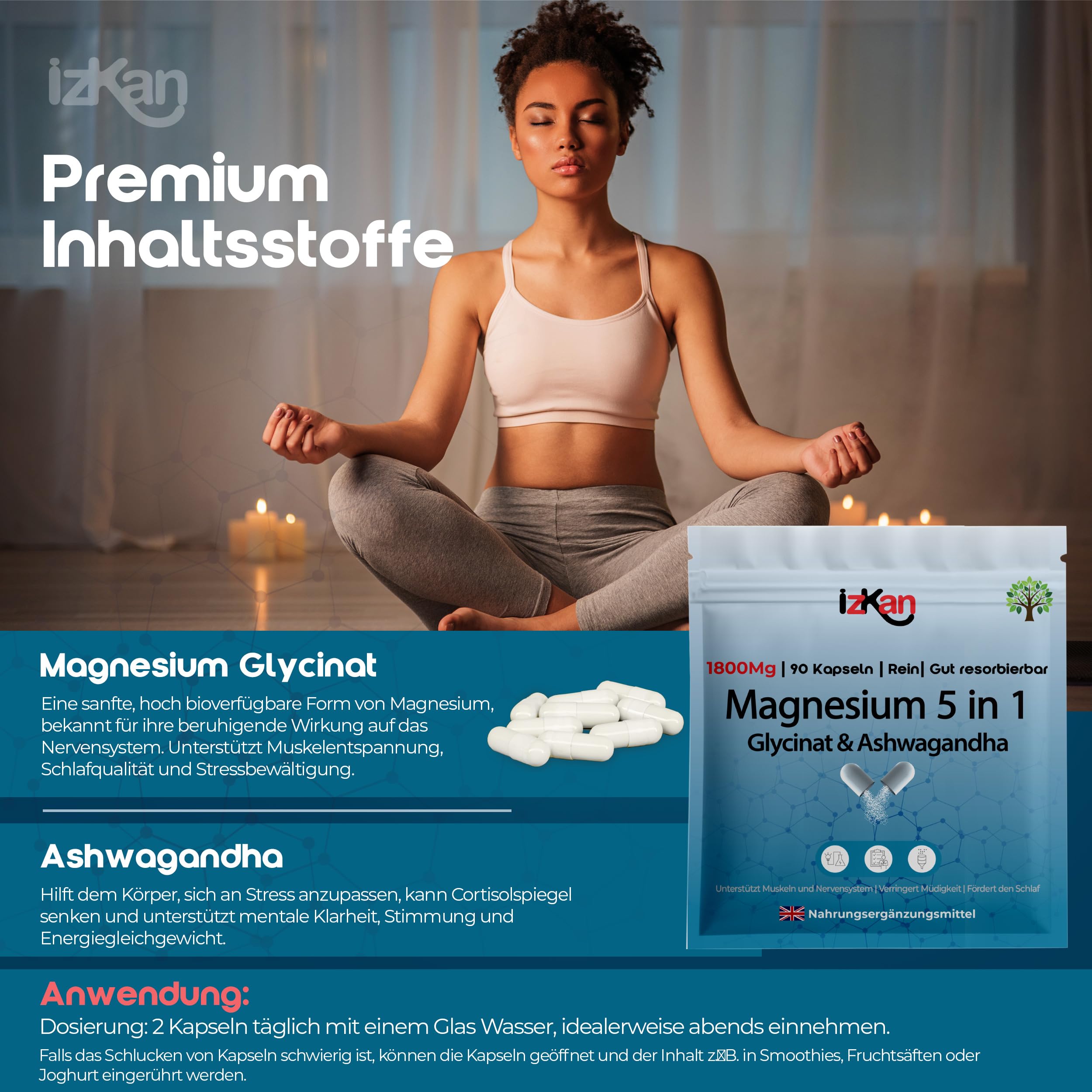 Magnesium Glycinat 5-in-1 Komplex – 1800 mg als Bisglycinat, Citrat & Malat | 384 mg Elementares Magnesium | Mit Ashwagandha & Vitamin B6 | Für Schlafqualität, Muskeln & Immunsystem | 90 Vegane Kapsel 4