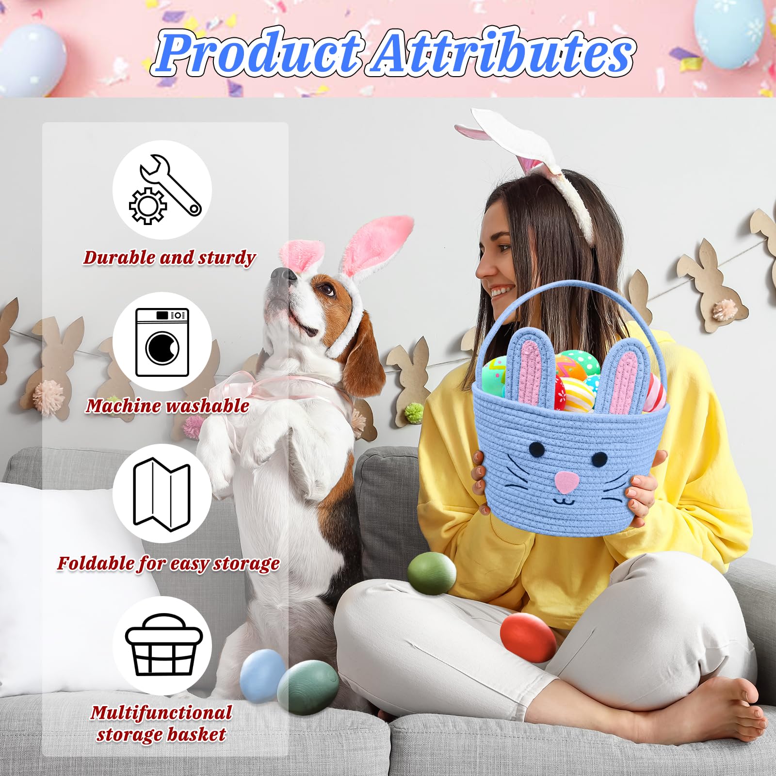 Brbecon Easter Bunny Basket for Kids with Name Tag, Blue Small Woven Easter Basket for Girls, Easter Egg Hunt Baskets Bags Easter Gifts Basket for Girls Baby Kids Children 9.8 x 7.8 x 7.8