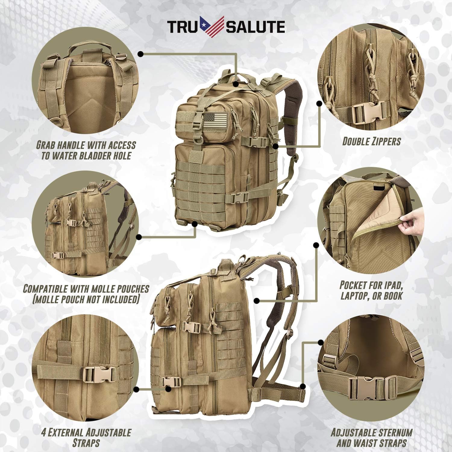 Tru Salute Military Tactical Backpack Large Tan Army 3 Day Assault Pack Molle Bugout Bag Rucksack (tan): Clothing