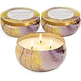 Candles, 3-Pack Large 3-Wick Tin Candle Set, 14oz Each — White Tea & Sage, Vanilla Amber, Cashmere Cedar — Luxury Strong-Throw Aromatherapy Candles in Gift Gold 6.3 x 7.09 in