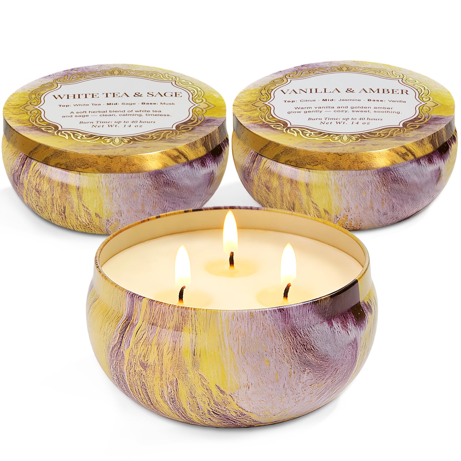 Photo 1 of 3-Pack Large 3-Wick Tin Candle Set, 14oz Each — White Tea & Sage, Vanilla Amber, Cashmere Cedar — Luxury Strong-Throw Aromatherapy Candles in Gift Gold 6.3 x 7.09 in