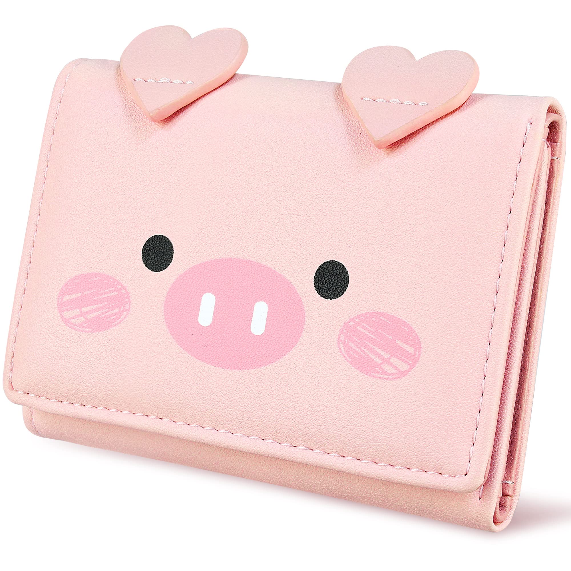 conisy Cute Slim Womens Leather Wallet,Small RFID Blocking Trifold Wallets for Girls and Ladies with ID Window (Pink Pig)