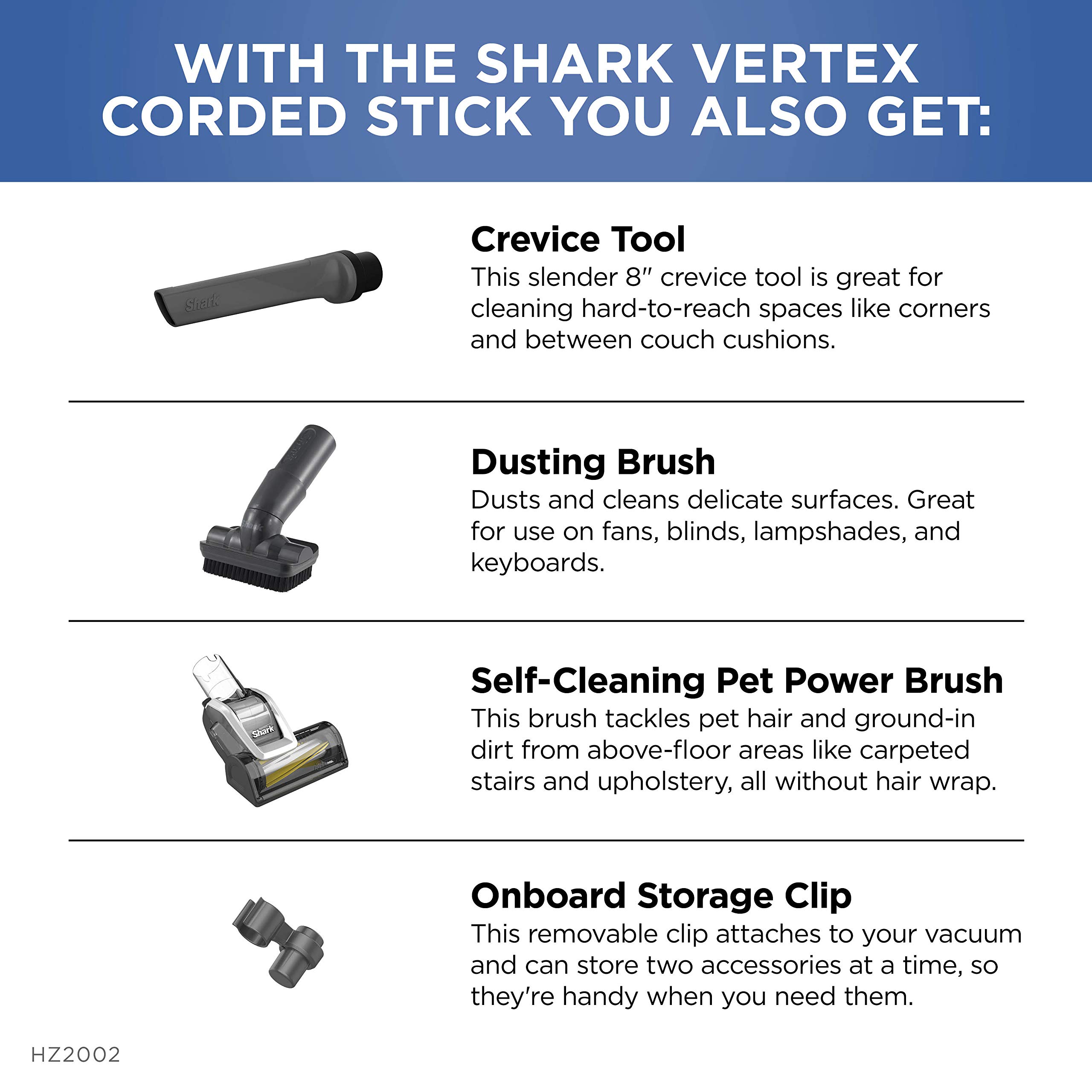 Shark | Corded Stick Vacuum Cleaner | Vertex Ultralight | Removable Handheld Vacuum | Pet Hair Vacuum for Carpet and Hard Floor | Powerful Suction | No Hair Wrap | 3 Attachments Included | HZ2002