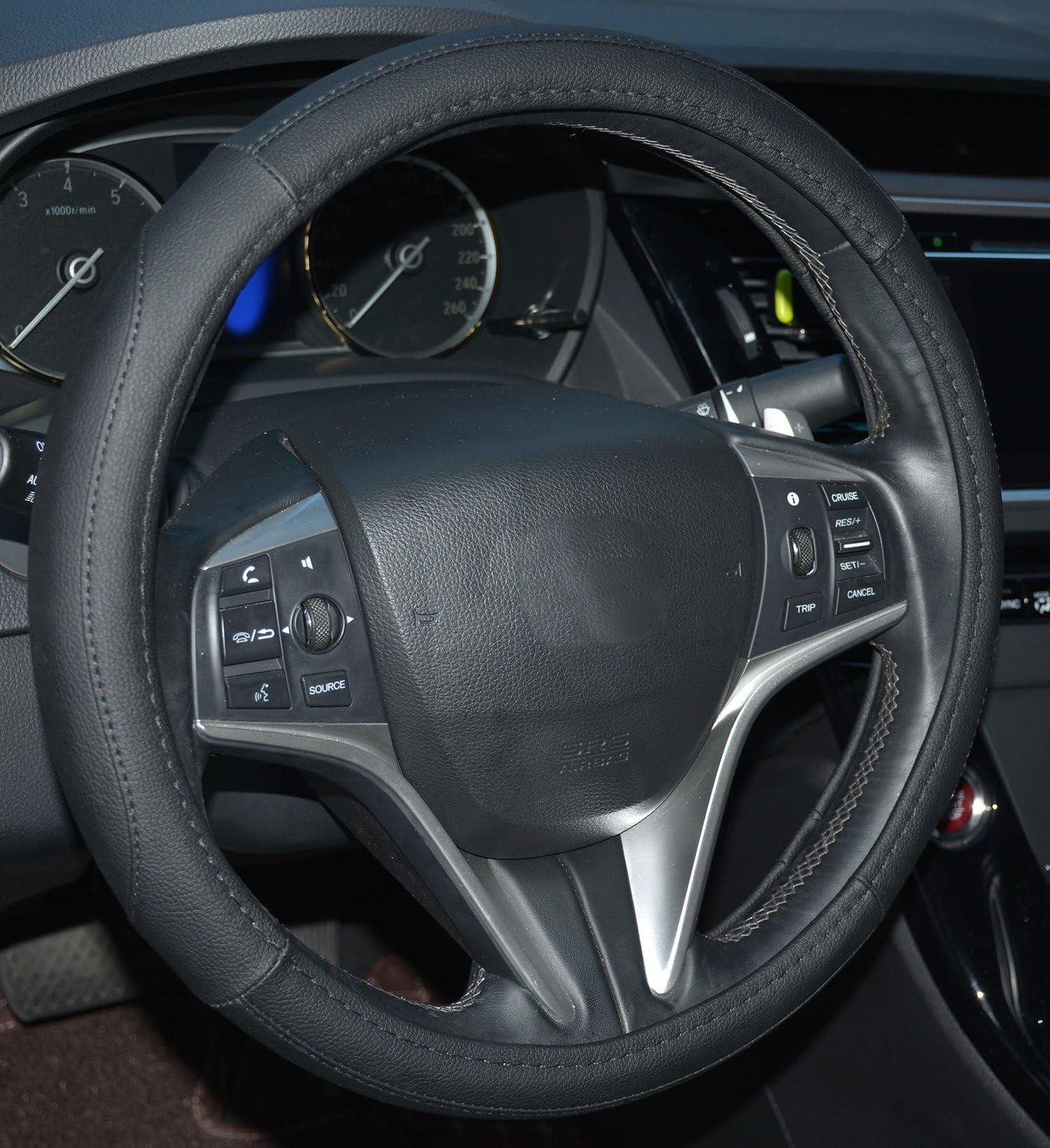 Rueesh Microfiber Leather Car Steering Wheel Cover, Soft Padding, Durable, No Smell, Universal 15 Inch Steering Cover, Black with Black Line