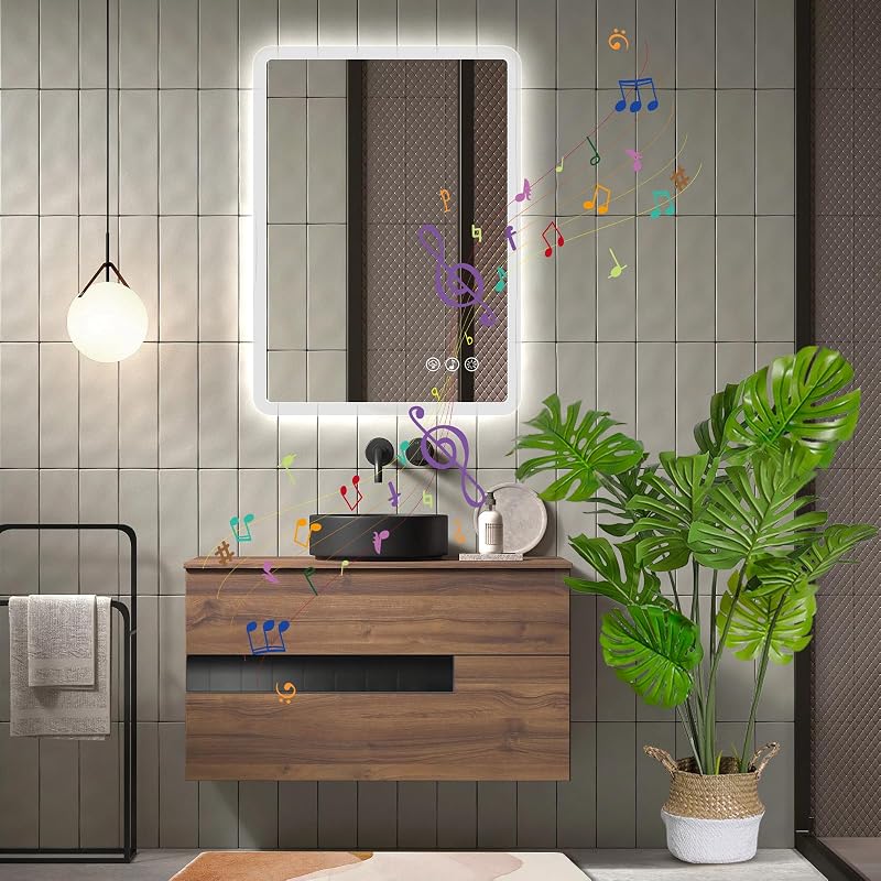 Bluetooth Espejo Baño con Luz 50x70cm, Espejos de Baño con LED con Antivaho, Regulable, 3 Colores Luz, Función Memoria