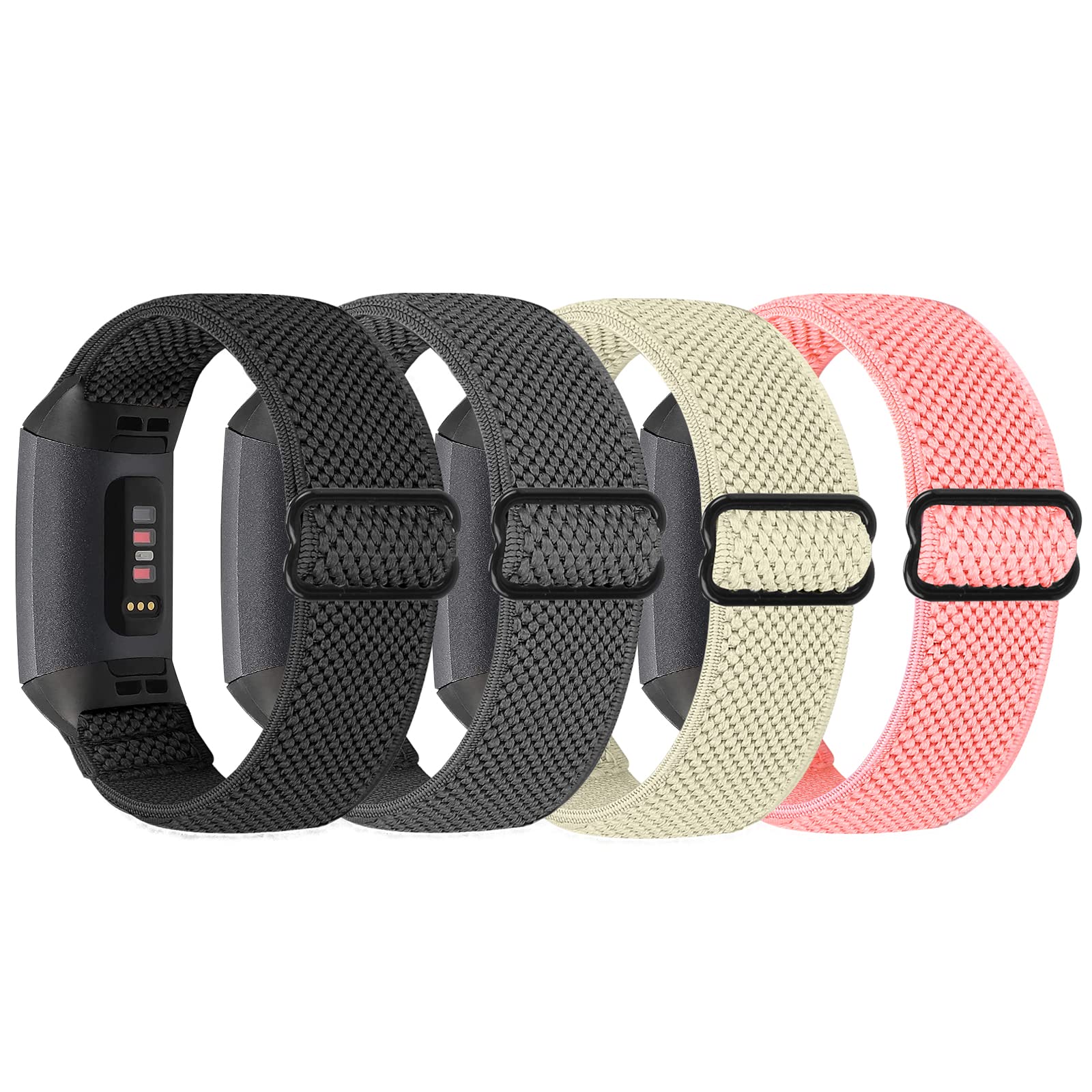 SHIJZWD 4 Pack Elastic Nylon Watch Straps - Compatible with Fitbit Charge 3/4, Adjustable Stretchy Sport Loop Band Replacement Wristband for Women & Men