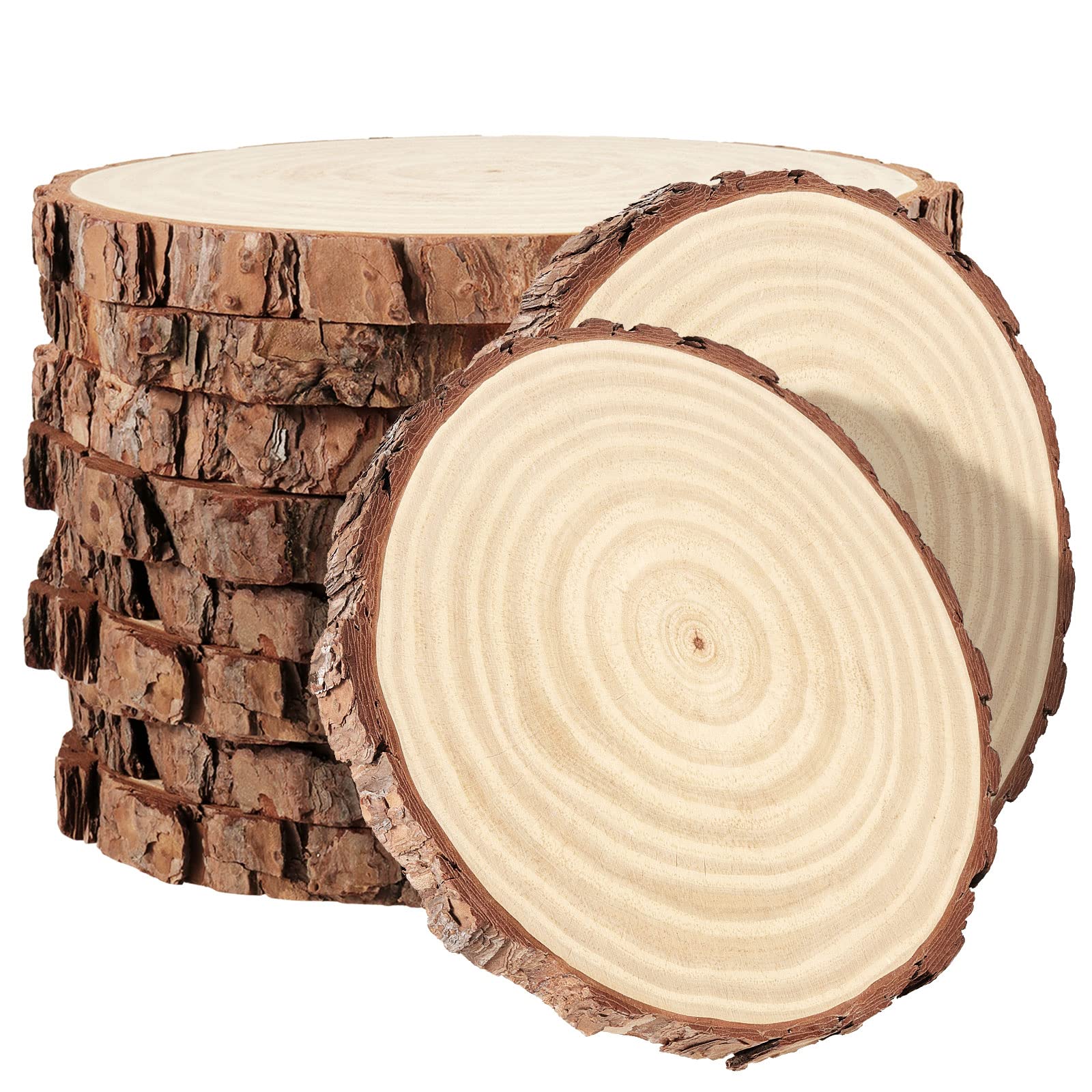 PINGEUI 10 Piece 18-20 cm Natural Wood Slices, Unfinished Wooden Circles with Bark, Round Blank Wooden Slices Wood Discs for DIY Crafts, Christmas Ornaments and Wedding Decorations
