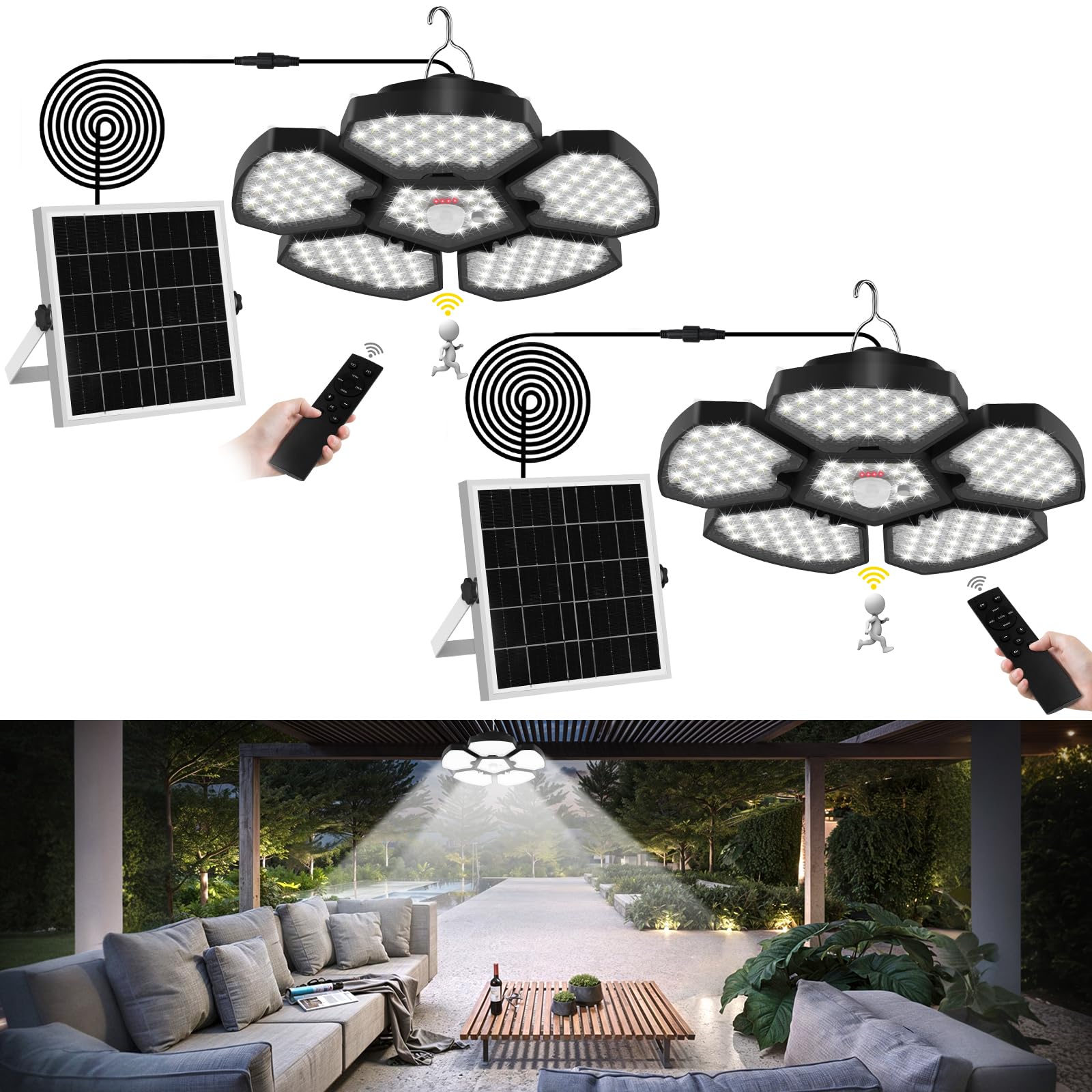 Photo 1 of T-SUN Solar Shed Light Indoor Outdoor Solar Powered Motion Sensor Pendant Light with 5 Modes Remote Control Security Lamp Waterproof for Garage Barn Gazebo Courtyard Balcony 2 Pack