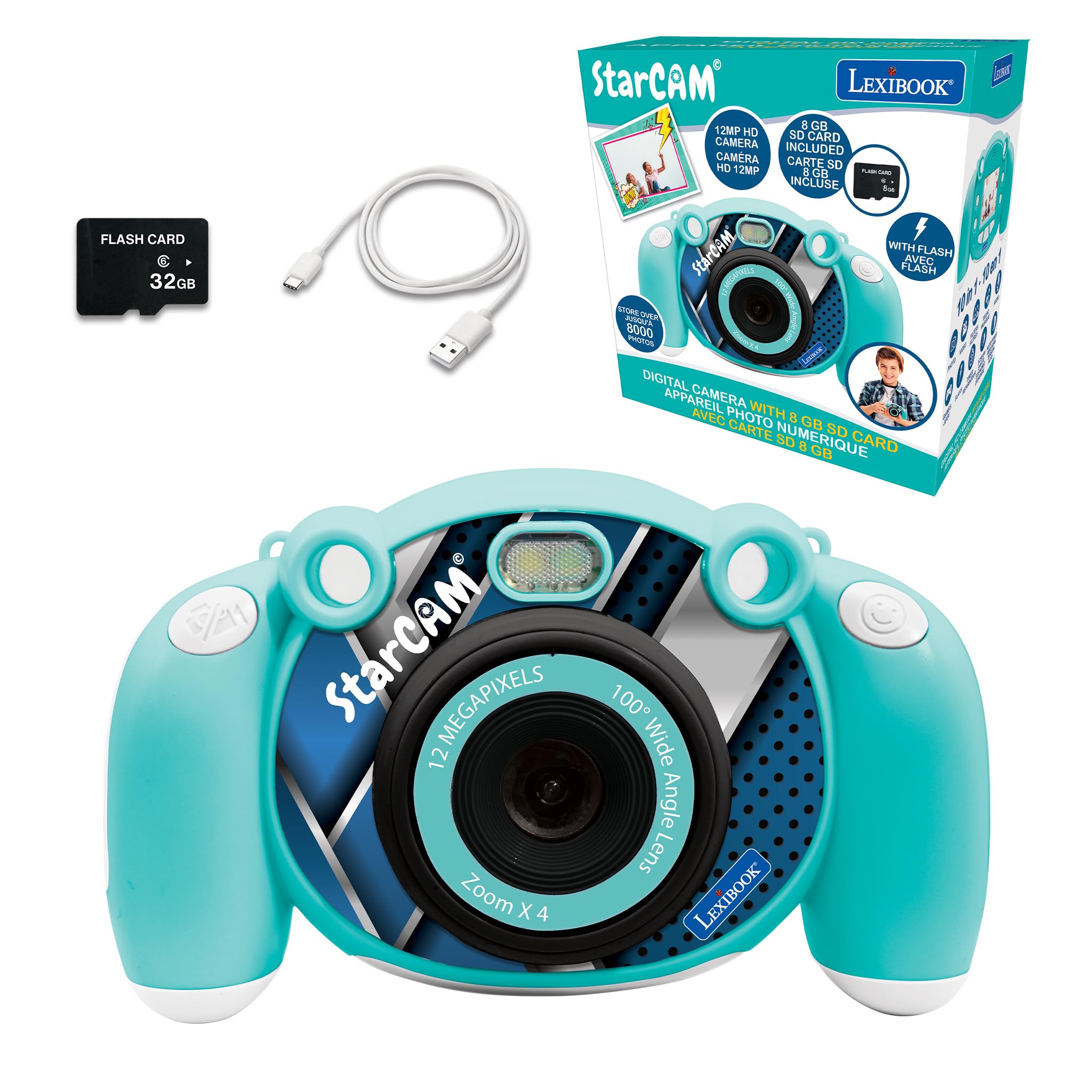 Lexibook, StarCAM, 4-in-1 Kids digital camera with photo, video, audio and game functions, 32GB SD card included, blue, DJ080