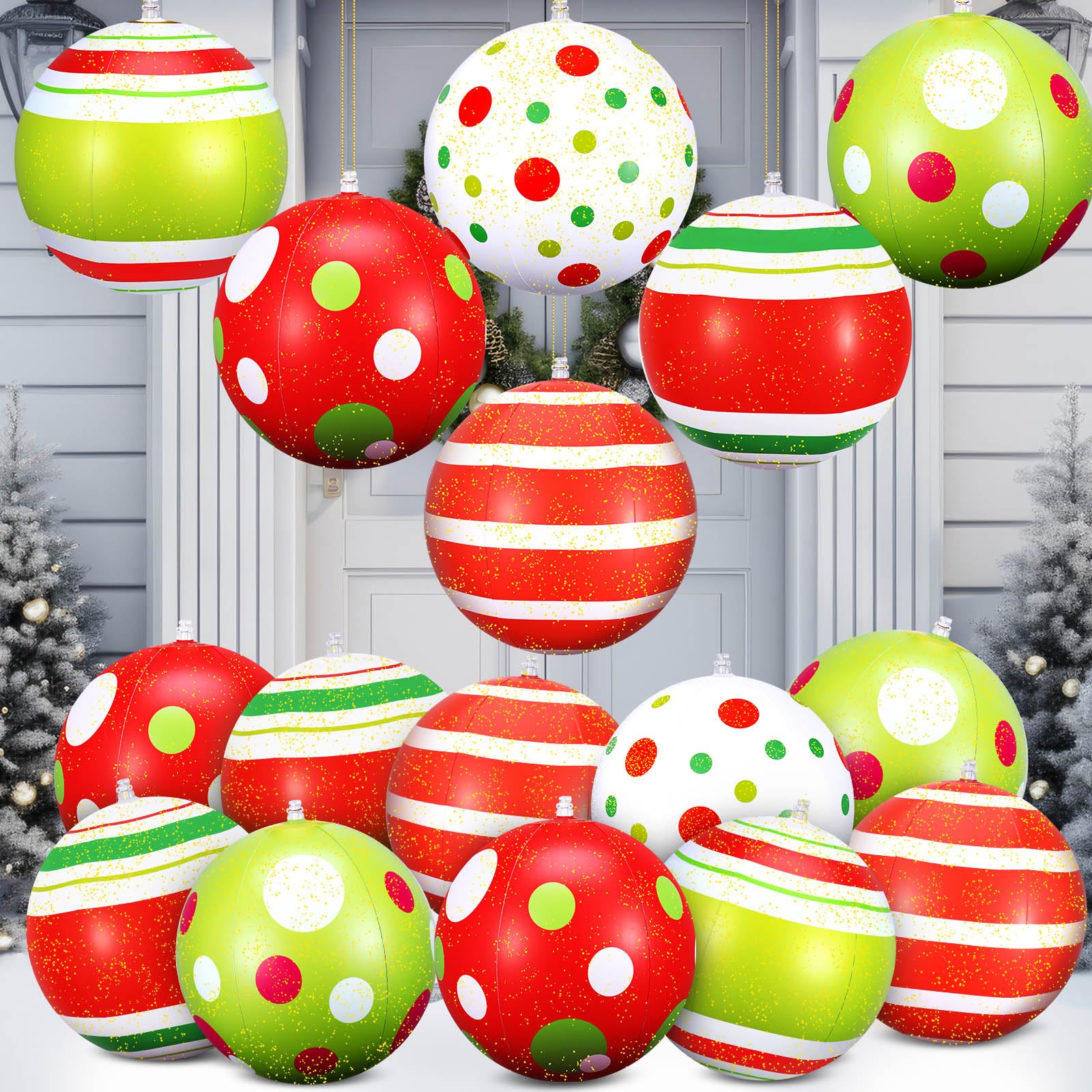 Photo 1 of HIYZI 12 Pcs 12 Inch Inflatable Christmas Ball Ornaments Glitter Balls Oversized PVC Balls Large Hanging Tree Ornaments Blow up Balls Decorations for Outdoor Porch Yard Lawn Party Decor