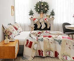 Christmas Quilt Set Twin Size Xmas Red Beige Plaid