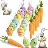18PCS Easter Egg Ornaments and Carrot Hanging Ornaments Colorful Foam Hanging Egg Ornaments Foam Glitter Artificial Carrots Easter Tree Decorations Home Party DIY Crafts