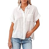 Lingjiazi Women's Cotton Linen Button Down Short Sleeve Shirt 2025 Summer Linen Tops Blouses with Pocket 