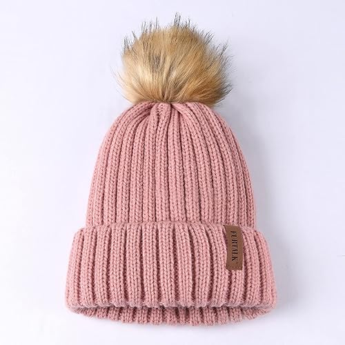 FURTALK Womens Winter Knitted Beanie Hat with Faux Fur Pom Warm
