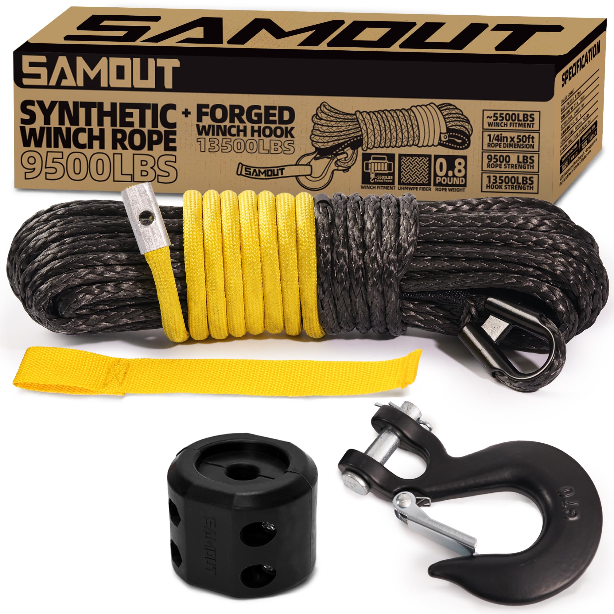Photo 1 of SAMOUT Synthetic Winch Rope Kit, 1/4in x 50ft 9500LBS Cable + Forged 13500LBS Winch Hook + Rubber Stopper + Safety Pull Strap, Yellow
