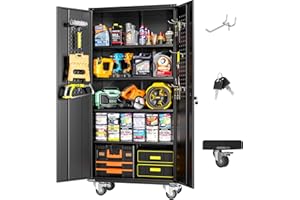 Greenvelly Metal Garage Storage Cabinet with Wheels and Pegboard, 74" Black Lockable Metal Cabinets with 2 Doors and 4 Adjustable Shelves, Rolling Steel Tool Cabinet for Garage, HomeOffice, Bedroom
