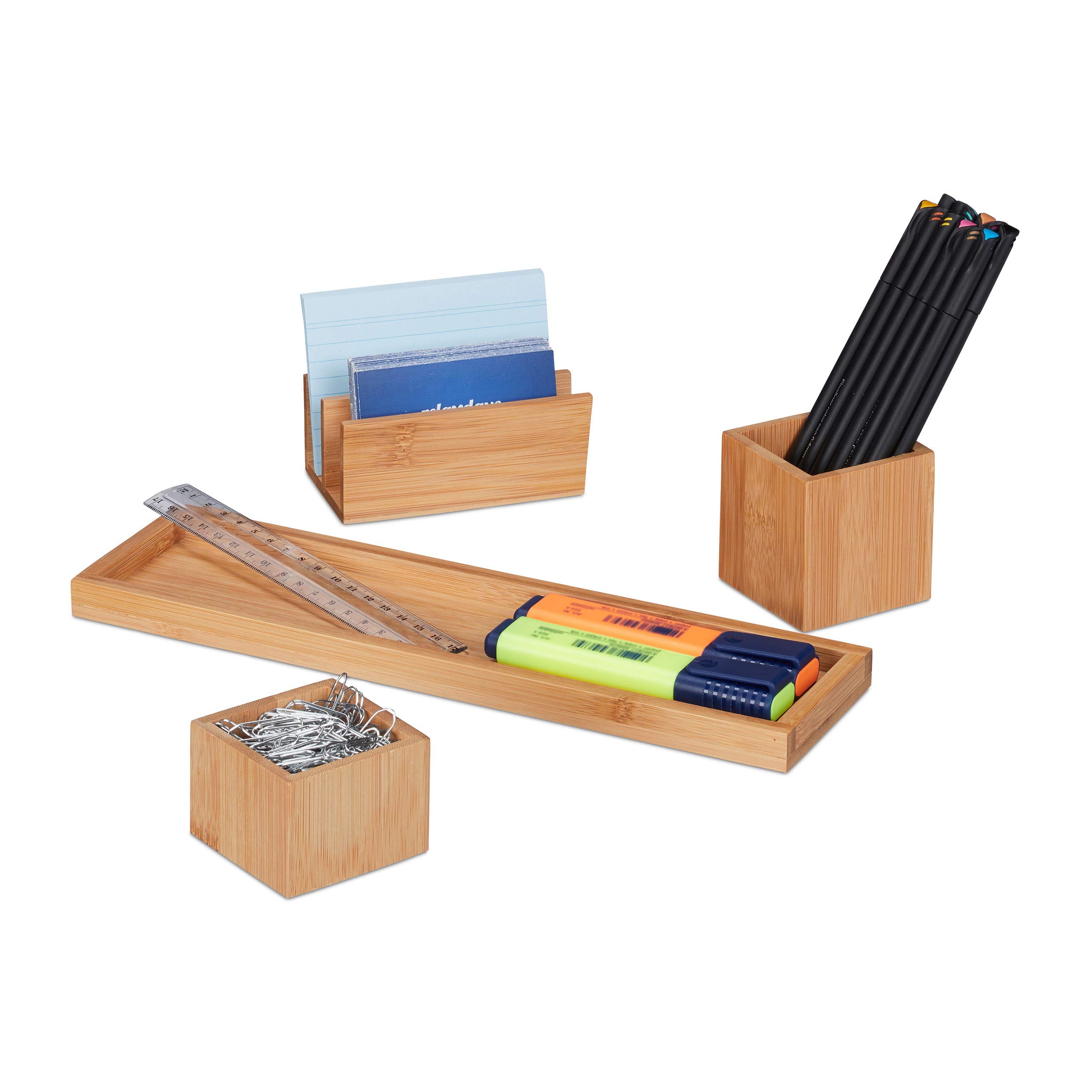 Relaxdays Desk Organiser, Stationery Set of 4, Pen Holder, Letter Rack, Utensil Tray, Bamboo, Natural