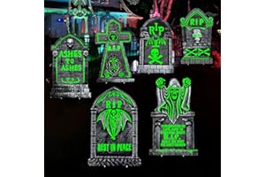 CINIQY Glowing in The Dark Halloween Tombstones Decoration, 6Pcs 16.5"x10" Spooky Graveyard Outdoor Decor for Yard, Home, Parties, Waterproof Plastic Grave Markers
