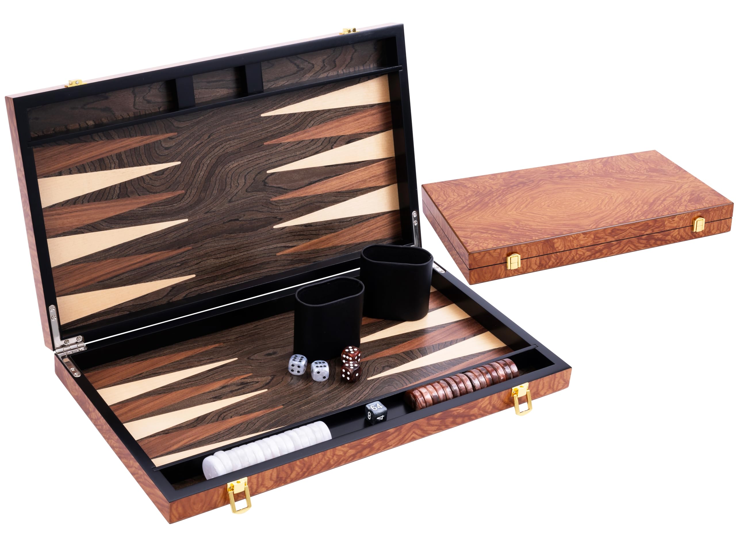 Engelhart – 250541 – Deluxe 18-inch Backgammon Set with Varnished Rosewood Veneer – Metal Closure – Pearly Dice, Chips, and Wooden Cups Included – 2 Players – Game Rules Included – Ages 6+