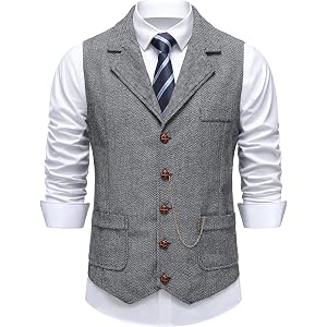 Men's Vintage Slim Fit Suit Vest Formal Prom Party Herringbone Pattern Waistcoat with Chain Detail,Pockets