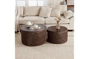 DM Furniture Round Nesting Coffee Table Set of 2, Dark Brown Wooden Circle Side Tables Rustic Woven Sofa Table for Small Space Living Room Bedroom Apartment No Assembly Required