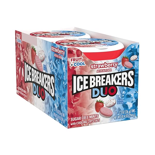 ICE BREAKERS DUO FRUIT PLUS COOL STRAWBERRY FLAVORED SUGAR FREE MINTS PUCKS, 1.3 OZ (8 COUNT)
