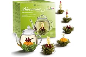 Creano Blooming Tea Gift Set with Glass Teapot 17oz (500ml) - Green Tea Fruity Flavoured Tea Flowers in 6 Varieties - Flowering Tea Gift for Easter