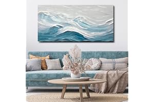 TRAIN2 ART Abstract Wall Art for Living Room Blue and White Ocean Paintings Wall Decor Modern 3D Textured Canvas Wall Art Large Artwork for Living Room Bedroom Office 28"x57"