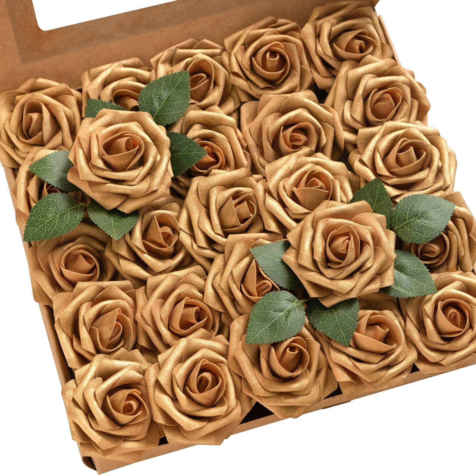 Photo 1 of Ling's moment Fall Artificial Flowers 25Pcs Shimmer Gold Roses w/Stems,3" Real Touch DIY Foam Floral for Wedding Bouquet/Centerpieces, Outdoors Party Backdrop, Room/Table, and Garden/Pot Decorations